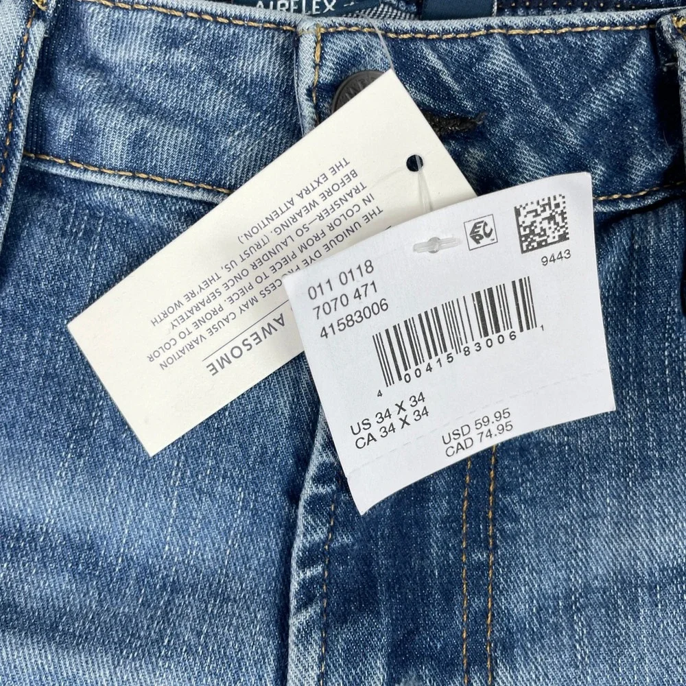 American Eagle Jeans Mens 34x34 Blue Athletic Fit Distressed Stretch Airflex NEW